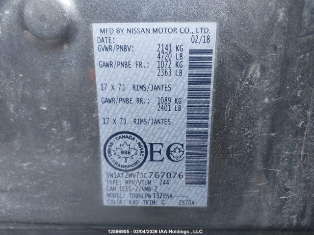 5N1AT2MV7JC767076 Nissan Rogue Sv/sl