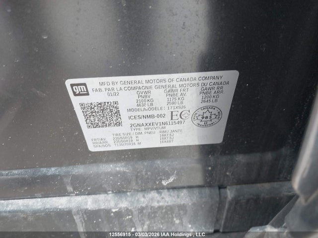 2022 Chevrolet Equinox Premier მანქანა იყიდება აუქციონზე, vin: 2GNAXXEV1N6115497, აუქციონის ნომერი: 12556915