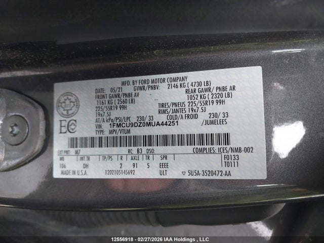 1FMCU9DZ0MUA44251 Ford Escape Titanium Hybrid