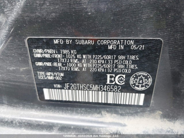 Aukcja sprzedaży 2021 Subaru Crosstrek Outdoor, vin: JF2GTHSC5MH346582, numer aukcji: 12556926