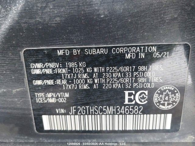 Aukcja sprzedaży 2021 Subaru Crosstrek Outdoor, vin: JF2GTHSC5MH346582, numer aukcji: 12556926