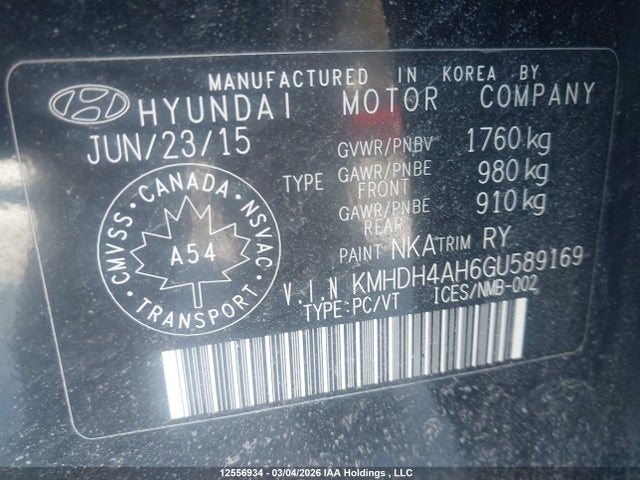 KMHDH4AH6GU589169 Hyundai Elantra Gls