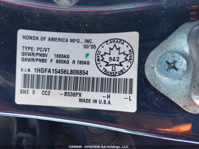 Aukcja sprzedaży 2006 Honda Civic Lx, vin: 1HGFA15456L806854, numer aukcji: 12556940