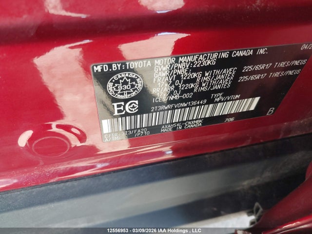 2T3RWRFV0NW136449 Toyota Rav4 Hybrid Xle
