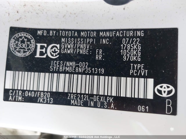 5YFBPMBE8NP351319 Toyota Corolla