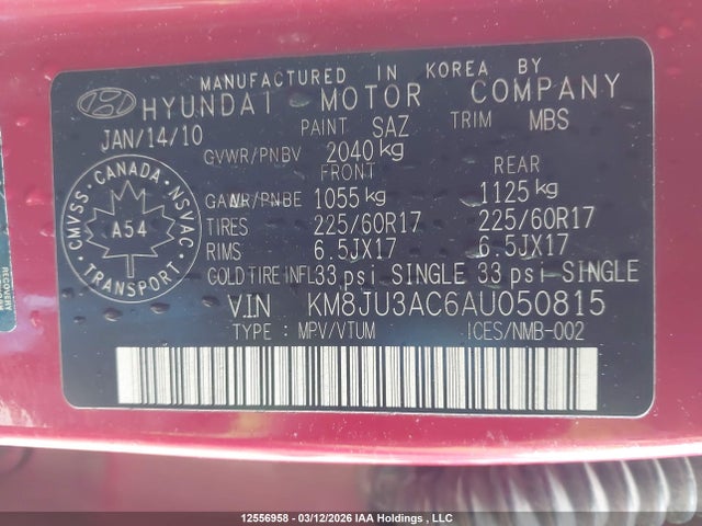 Aukcja sprzedaży 2010 Hyundai Tucson Gls, vin: KM8JU3AC6AU050815, numer aukcji: 12556958