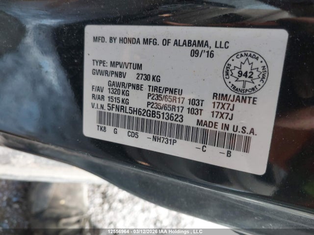 2016 Honda Odyssey მანქანა იყიდება აუქციონზე, vin: 5FNRL5H62GB513623, აუქციონის ნომერი: 12556964