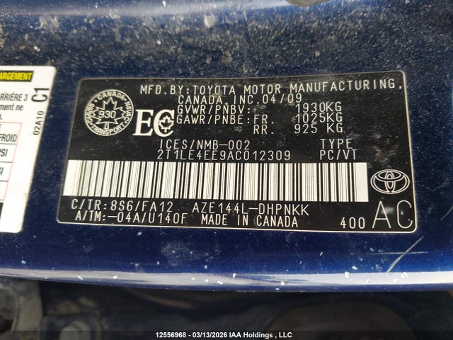 12556968 :رقم المزاد ، 2T1LE4EE9AC012309 vin ، 2010 Toyota Matrix مزاد بيع