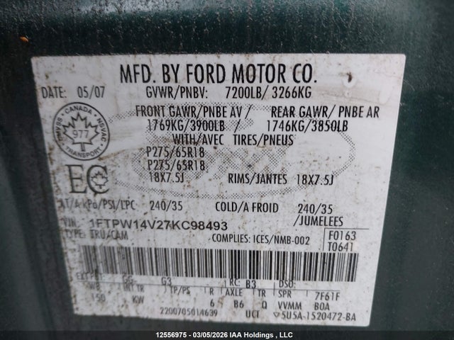 12556975 :رقم المزاد ، 1FTPW14V27KC98493 vin ، 2007 Ford F150 Supercrew مزاد بيع