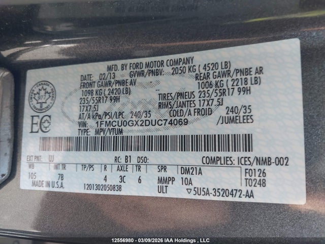 2013 Ford Escape Se მანქანა იყიდება აუქციონზე, vin: 1FMCU0GX2DUC74069, აუქციონის ნომერი: 12556980