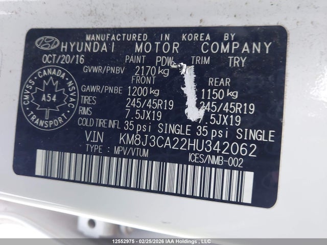 KM8J3CA22HU342062 Hyundai TUCSON SE
