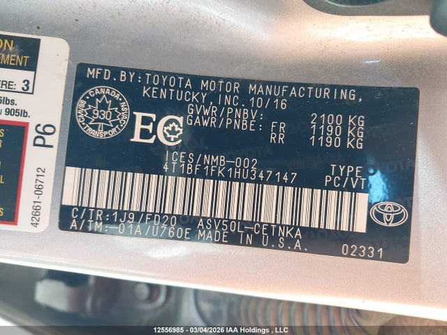 Aukcja sprzedaży 2017 Toyota Camry Le, vin: 4T1BF1FK1HU347147, numer aukcji: 12556985