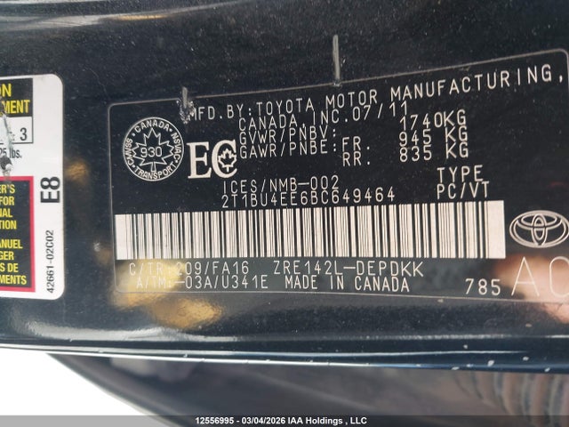 12556995 :رقم المزاد ، 2T1BU4EE6BC649464 vin ، 2011 Toyota Corolla مزاد بيع