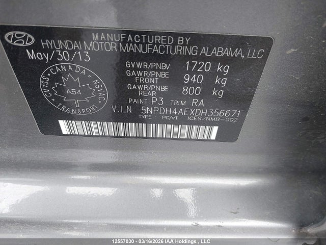 2013 Hyundai Elantra Gls/limited მანქანა იყიდება აუქციონზე, vin: 5NPDH4AEXDH356671, აუქციონის ნომერი: 12557030