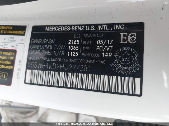 Продаж на аукціоні авто 2017 Mercedes-benz C 300 4matic, vin: 55SWF4KB2HU227281, номер лоту: 12557031