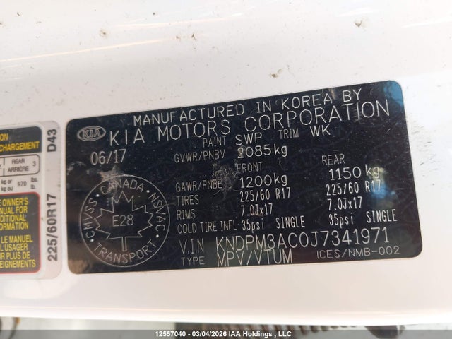 12557040 :رقم المزاد ، KNDPM3AC0J7341971 vin ، 2018 Kia Sportage Lx مزاد بيع