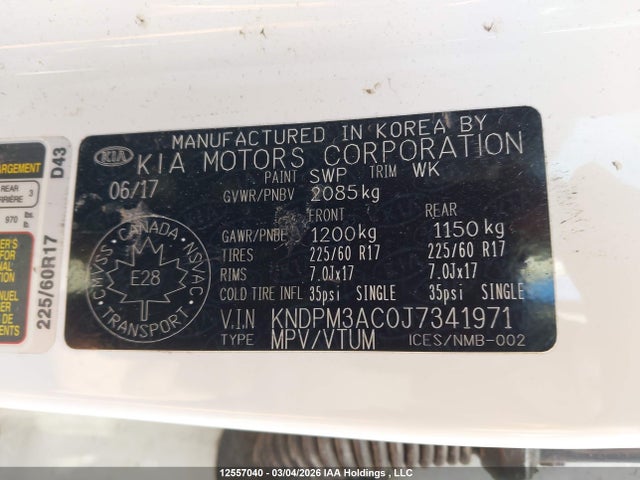 12557040 :رقم المزاد ، KNDPM3AC0J7341971 vin ، 2018 Kia Sportage Lx مزاد بيع