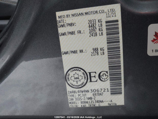 Aukcja sprzedaży 2022 Nissan Altima Platinum, vin: 1N4BL4FW4NN306721, numer aukcji: 12557041