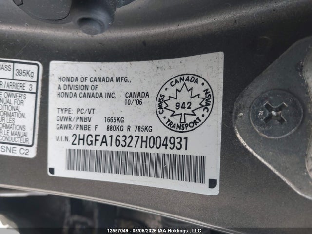 Продажа на аукционе авто 2007 Honda Civic Dx-g, vin: 2HGFA16327H004931, номер лота: 12557049