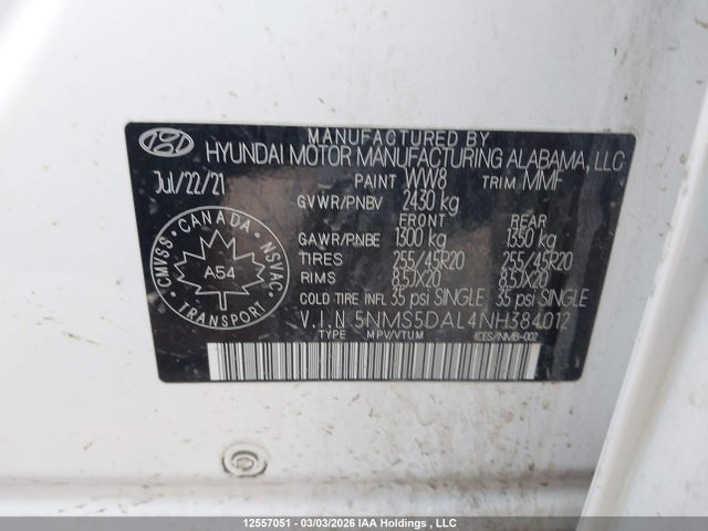 Продаж на аукціоні авто 2022 Hyundai Santa Fe Ultimate Calligraphy, vin: 5NMS5DAL4NH384012, номер лоту: 12557051
