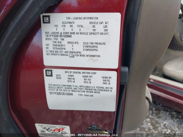 12557063 :رقم المزاد ، 1G1YY32G135132840 vin ، 2003 Chevrolet Corvette مزاد بيع