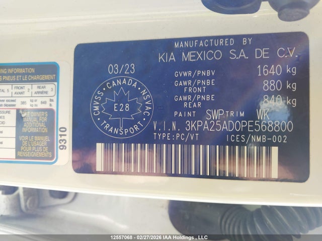 3KPA25AD0PE568800 KIA RIO S