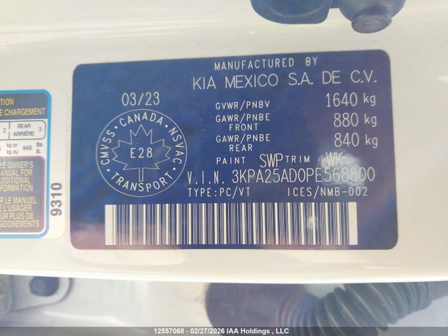 3KPA25AD0PE568800 KIA RIO S