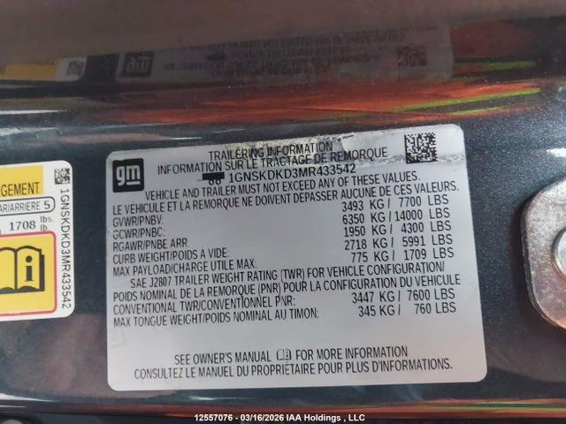 2021 Chevrolet Suburban Z71 მანქანა იყიდება აუქციონზე, vin: 1GNSKDKD3MR433542, აუქციონის ნომერი: 12557076