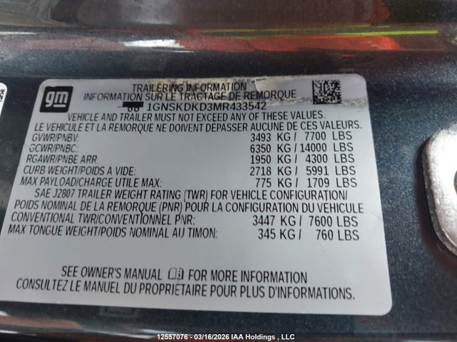 2021 Chevrolet Suburban Z71 მანქანა იყიდება აუქციონზე, vin: 1GNSKDKD3MR433542, აუქციონის ნომერი: 12557076