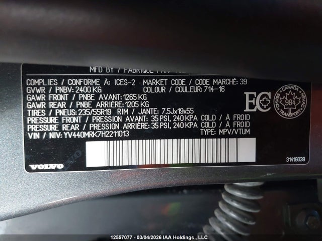 YV440MRK7H2211013 Volvo Xc60 T5