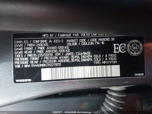 YV440MRK7H2211013 Volvo Xc60 T5