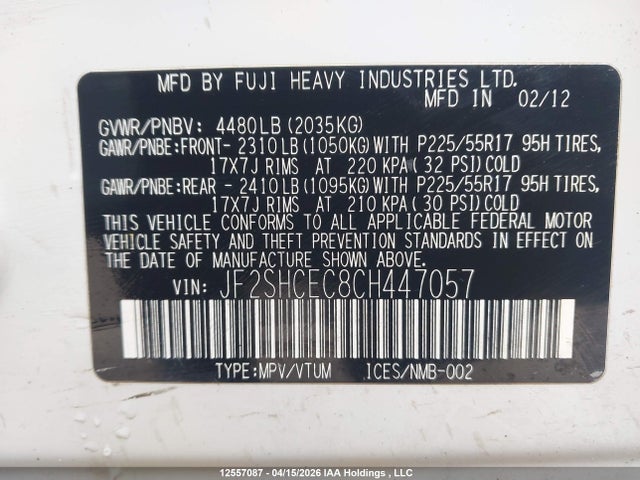12557087 :رقم المزاد ، JF2SHCEC8CH447057 vin ، 2012 Subaru Forester Limited مزاد بيع