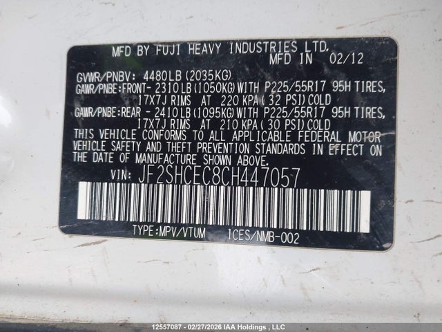 12557087 :رقم المزاد ، JF2SHCEC8CH447057 vin ، 2012 Subaru Forester Limited مزاد بيع