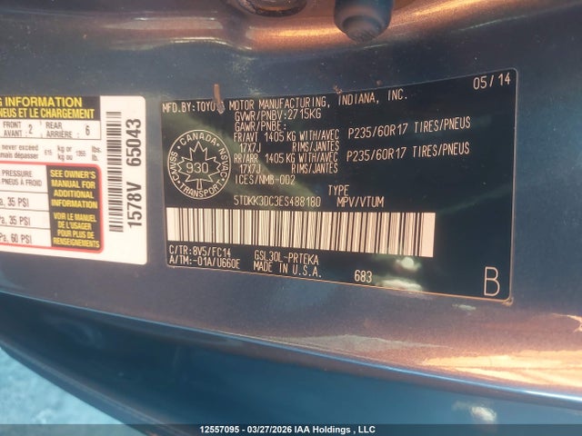 2014 Toyota Sienna Le V6 მანქანა იყიდება აუქციონზე, vin: 5TDKK3DC3ES488180, აუქციონის ნომერი: 12557095