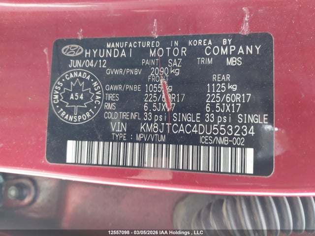 Продаж на аукціоні авто 2013 Hyundai Tucson, vin: KM8JTCAC4DU553234, номер лоту: 12557098