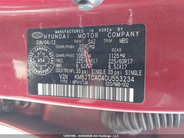 Продаж на аукціоні авто 2013 Hyundai Tucson, vin: KM8JTCAC4DU553234, номер лоту: 12557098