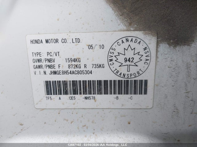 12557102 :رقم المزاد ، JHMGE8H54AC805304 vin ، 2010 Honda Fit مزاد بيع