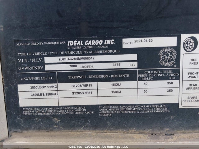 Продажа на аукционе авто 2021 Remorque Remorque, vin: 2DDFA32A4MV008512, номер лота: 12557106