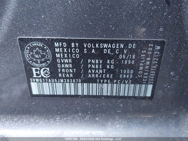 3VWG17AU5JM283870 Volkswagen GOLF S/SE