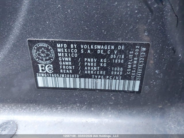 3VWG17AU5JM283870 Volkswagen GOLF S/SE