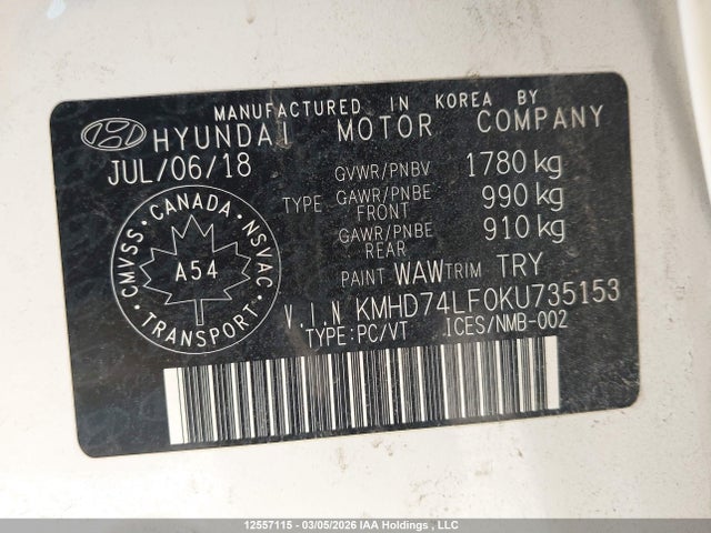 12557115 :رقم المزاد ، KMHD74LF0KU735153 vin ، 2019 Hyundai Elantra Se مزاد بيع