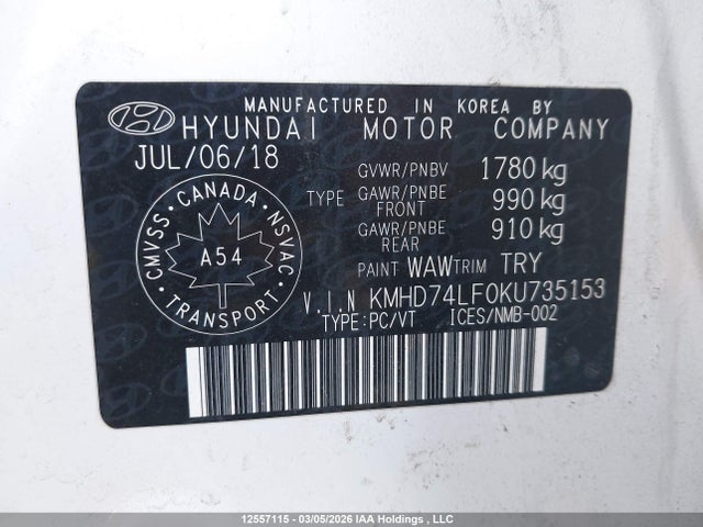 12557115 :رقم المزاد ، KMHD74LF0KU735153 vin ، 2019 Hyundai Elantra Se مزاد بيع