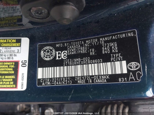 Aukcja sprzedaży 2017 Toyota Corolla Le, vin: 2T1BURHEXHC808603, numer aukcji: 12557117