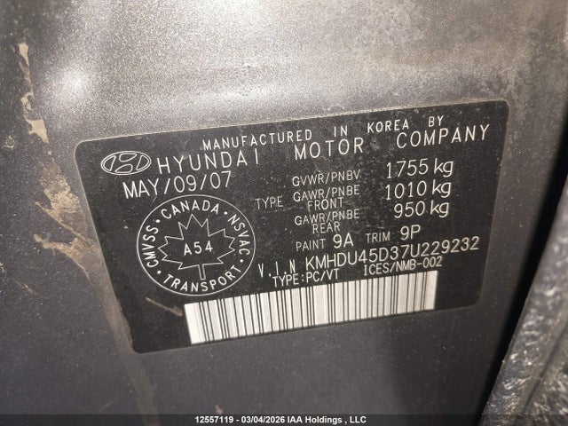 Aukcja sprzedaży 2007 Hyundai Elantra Gl/gls, vin: KMHDU45D37U229232, numer aukcji: 12557119