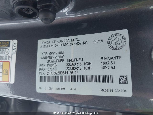 Продажа на аукционе авто 2018 Honda Cr-v Touring, vin: 2HKRW2H95JH136102, номер лота: 12557120