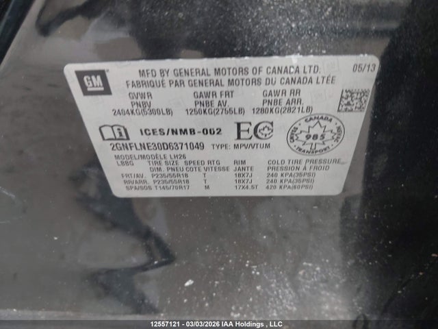 2013 Chevrolet Equinox Lt მანქანა იყიდება აუქციონზე, vin: 2GNFLNE30D6371049, აუქციონის ნომერი: 12557121