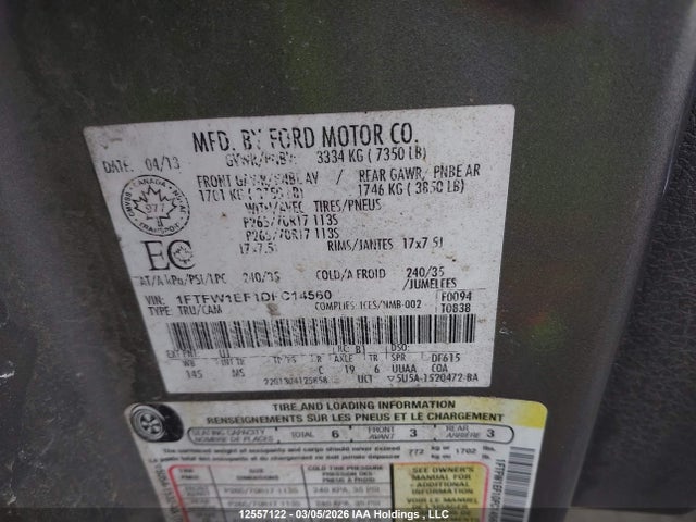 Продажа на аукционе авто 2013 Ford F-150 Xlt, vin: 1FTFW1EF1DFC14560, номер лота: 12557122