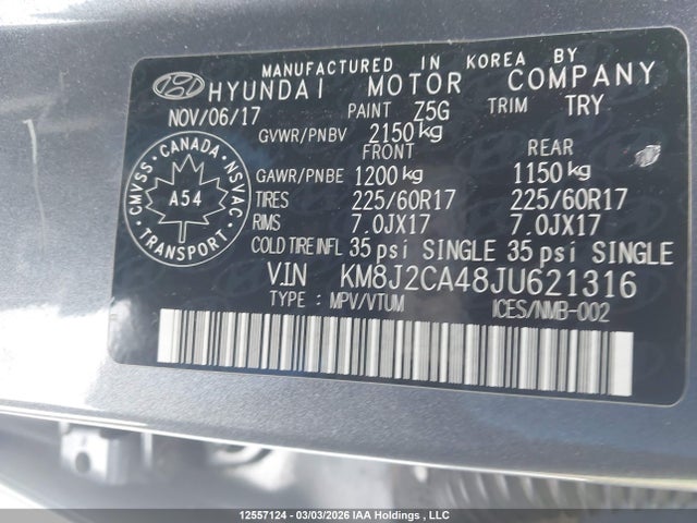 Aukcja sprzedaży 2018 Hyundai Tucson Base 2.0l, vin: KM8J2CA48JU621316, numer aukcji: 12557124