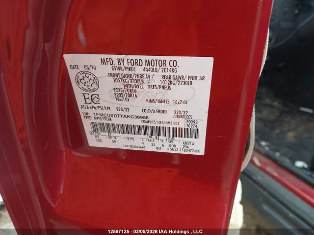 12557125 :رقم المزاد ، 1FMCU0D77AKC38955 vin ، 2010 Ford Escape Xlt مزاد بيع