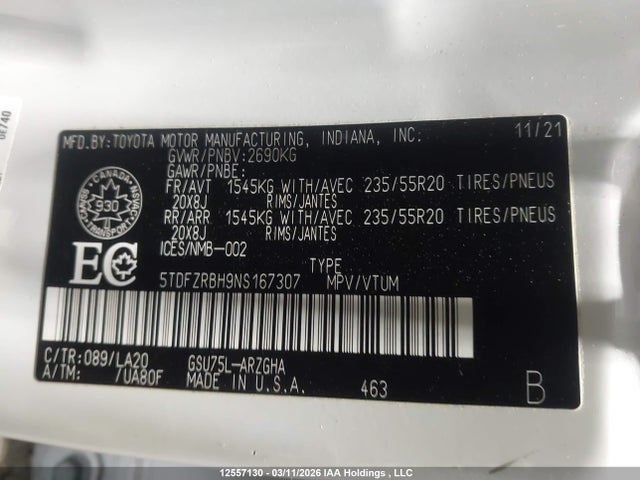 Aukcja sprzedaży 2022 Toyota Highlander Platinum, vin: 5TDFZRBH9NS167307, numer aukcji: 12557130